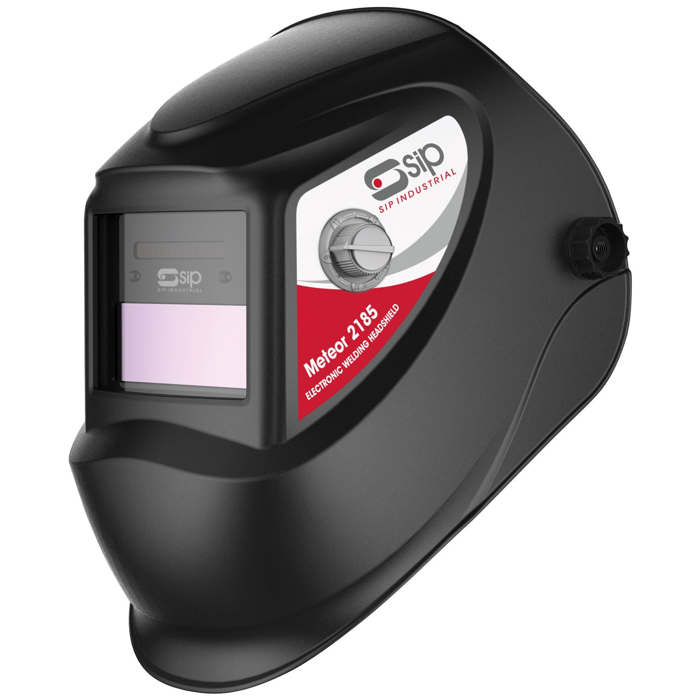 A black welding helmet featuring the red SIP logo and labeled as "Meteor 2185 Electronic Headshield - SIP-02883" on the front, equipped with an ADF lens for optimal protection.