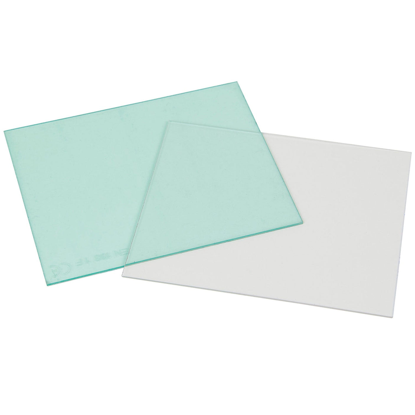 Two rectangular sheets of transparent glass, one placed partially on top of the other, resemble the precision and clarity of a SIP Front Cover Lens - SIP-02884/02886 by SIP.