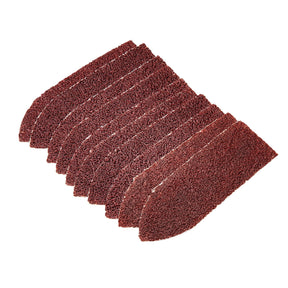 A fan of Draper's brown rectangular Hook and Loop Finger Sander Sheets, 67 x 67 x 22mm, 60 Grit (pack of 10), arranged in an overlapping pattern against a white background.