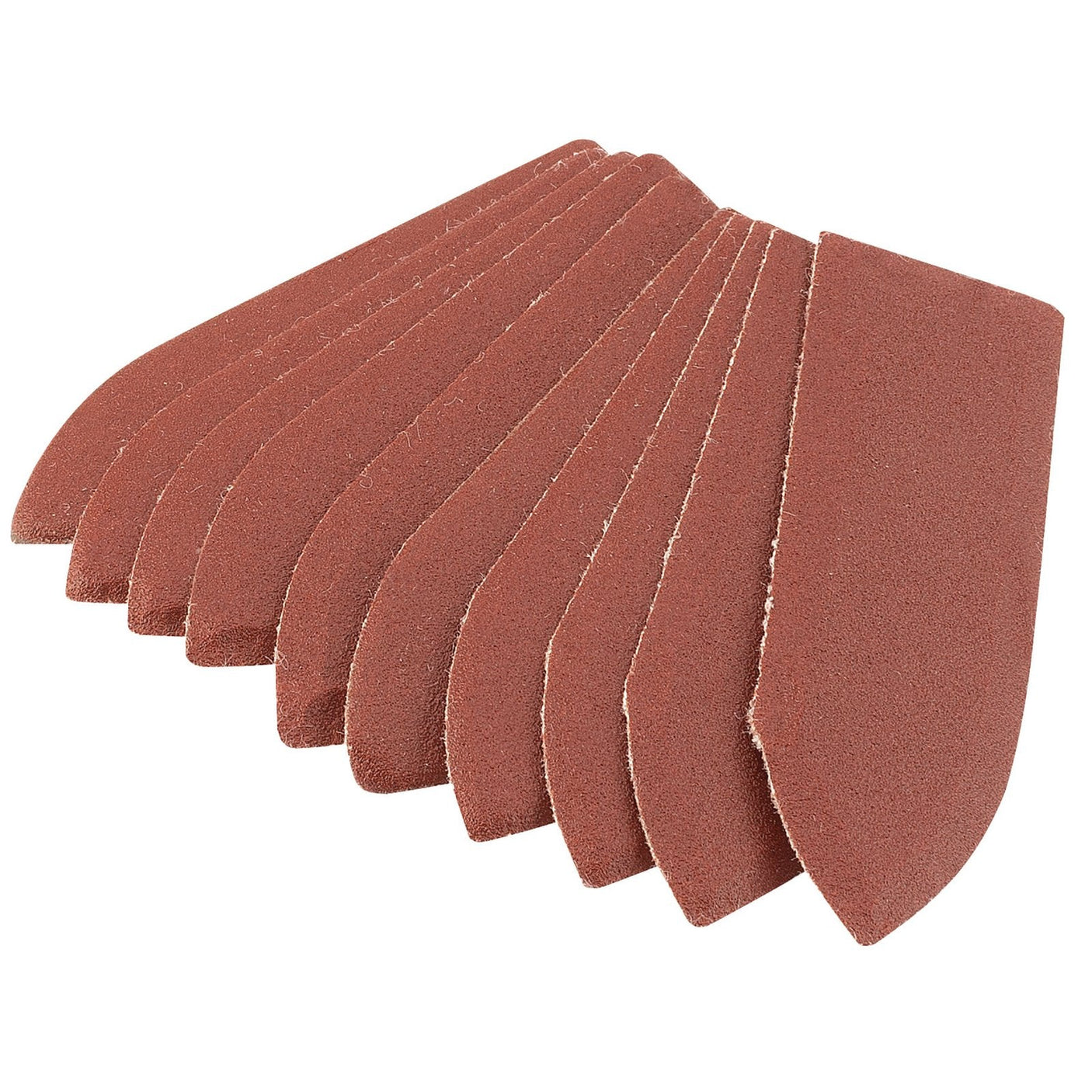 Several Draper Hook and Loop Finger Sander Sheets, each measuring 67 x 67 x 22mm, are neatly arranged. These sheets feature a rounded edge on one side and a straight edge on the other, with a grit grade of 240 for versatile use. The pack includes ten sheets.