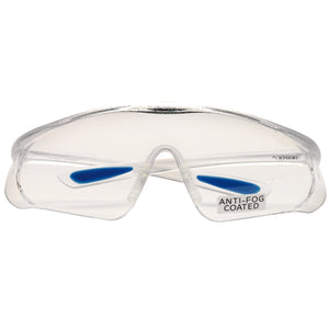 Draper Clear Anti-Mist Glasses - SSP8A, lightweight safety glasses featuring a blue inner nose pad and a label reading "ANTI-FOG COATED" on the left anti-scratch lens.