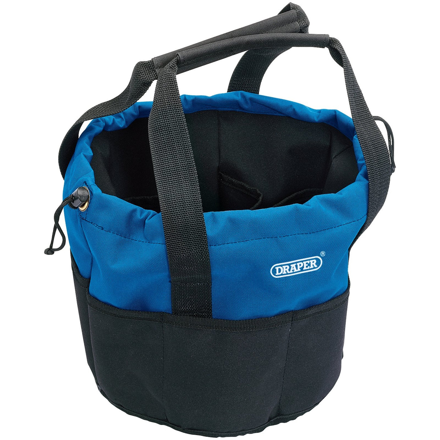 A Draper 14 Pocket Bucket-Shaped Bag - BB14 in blue and black, featuring multiple pockets, a reinforced handle, and a convenient drawstring closure.