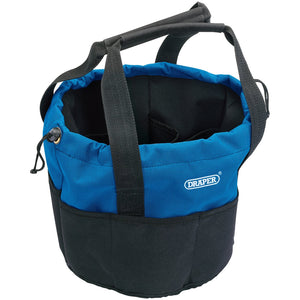 A Draper 14 Pocket Bucket-Shaped Bag - BB14 in blue and black, featuring multiple pockets, a reinforced handle, and a convenient drawstring closure.