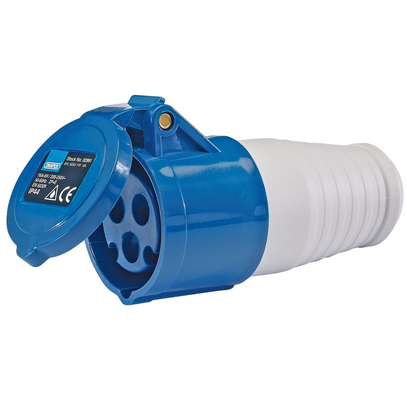 The Draper 230V Site Socket, 16A - SS230V/16A is a blue and white industrial electrical plug with a hinged protective cover and a circular arrangement of four sockets. It is ideal for outdoor environments and adheres to EN regulations.