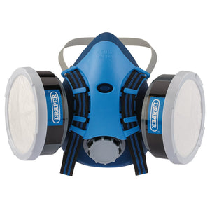 The Draper Vapour And Dust Filter Respirator - VDFRA1P2, a blue and gray mask with dual filters and adjustable head straps, provides protection against vapors and particulates. The branding "Draper" is visible on the filters, ensuring reliable coverage.