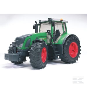 A Bruder Fendt 936 Vario (U03040) tractor in green and black, featuring large rear tires, smaller front tires, a spacious cab, red rims, and visible engine components, designed for agricultural use and displayed on a white background.