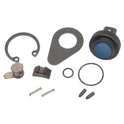 Various small mechanical components, including screws, clips, o-rings, a knob with a blue center, two springs, and other metal pieces from the Draper Ratchet Repair Kit For 02600 - YD64D by Draper are arranged on a white background.