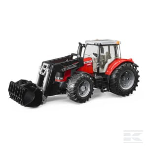 The Bruder MF 7624 with front loader - U03047 is a realistic red toy tractor equipped with large black tires, a front loader, and a detailed cabin, making it perfect for young agriculture enthusiasts.