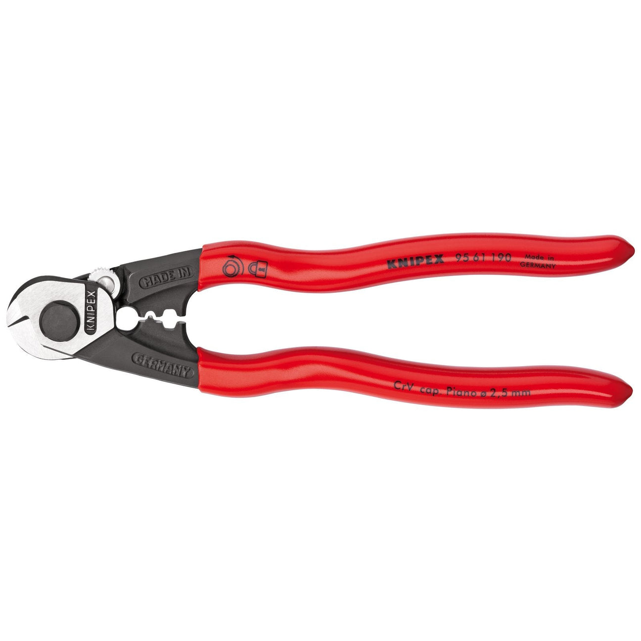 The Draper Knipex Forged Wire Rope Cutters, 190mm - 95 61 190, feature plastic coated red handles and a forged metal head, designed for precise cutting tasks like wire rope.