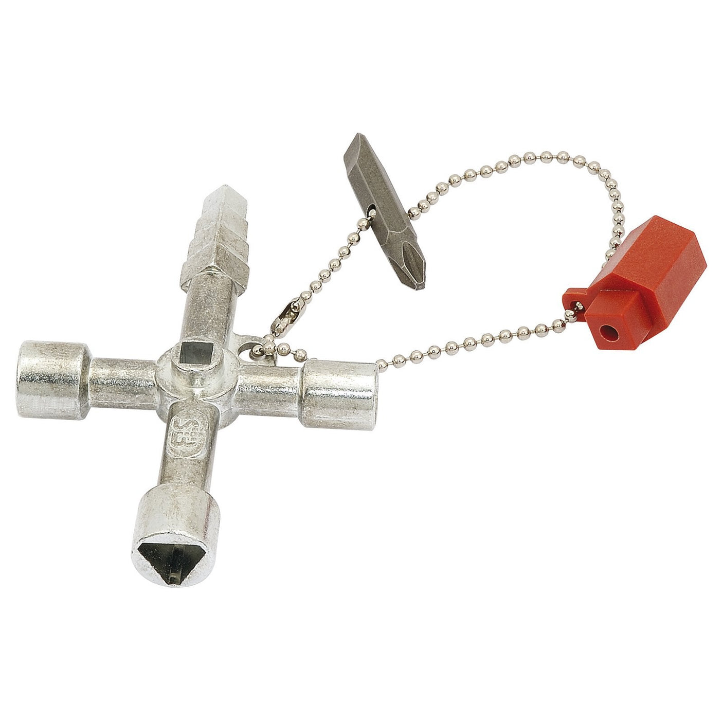 Introducing the Draper Expert Professional Utility Key - DEUK1 by Draper. This expert-quality metal multi-functional utility key features four different tool ends, a detachable red plastic cap, and a beaded chain loop. The key profile also includes an optional insert bit for added versatility.