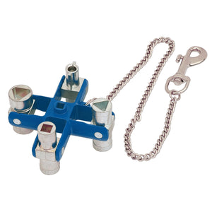 The Draper Expert Master Utility Key - DEUK3, designed by Draper, is a multi-functional utility key with a blue cross-shaped handle made for technical locking systems. It includes a silver chain with a clasp and an optional belt clip for added convenience.