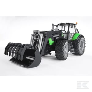 A Bruder DEUTZ-FAHR Agrotron X720 +loader - U03081 toy tractor, featuring a green and black design, large tires, and a front loader attachment, is displayed on a white background.