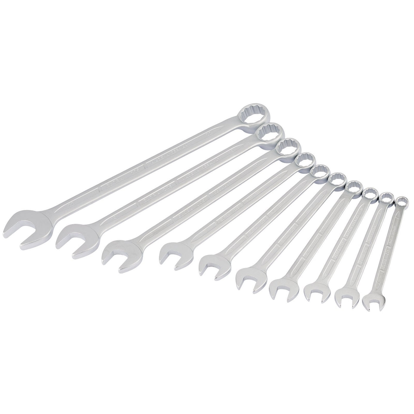 A set of ten Draper Long Metric Combination Spanners (8-22mm) arranged in a row, decreasing in size from left to right, featuring bi-hexagon rings for superior grip.