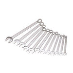 Product Description: The Draper Long Metric Combination Spanner Set (12 Piece) - 205 S12M features twelve chrome vanadium steel spanners, arranged in a staggered row from largest to smallest.