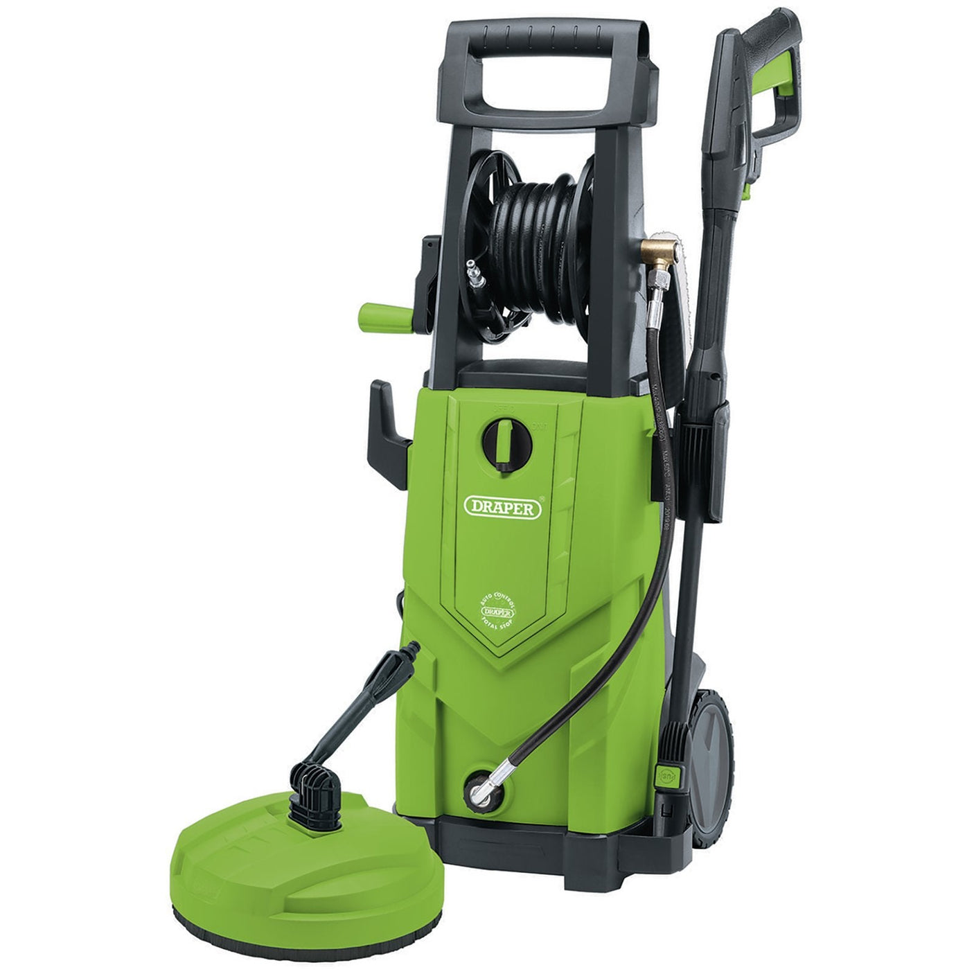 A green Draper 230V Pressure Washer (PW2200/110D/GRN) with an attached hose reel, handle, wheels, and a high-pressure hose connected to an extended nozzle featuring a flat surface patio cleaner attachment.