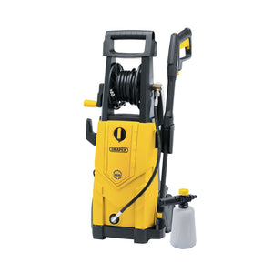 The Draper 230V Pressure Washer, model PW2200/110D/YEL, boasts a striking yellow and black design, equipped with a high-pressure hose reel mounted on top. It includes a spray gun and an attached detergent bottle for added convenience, along with a total stop device to ensure enhanced safety during use.