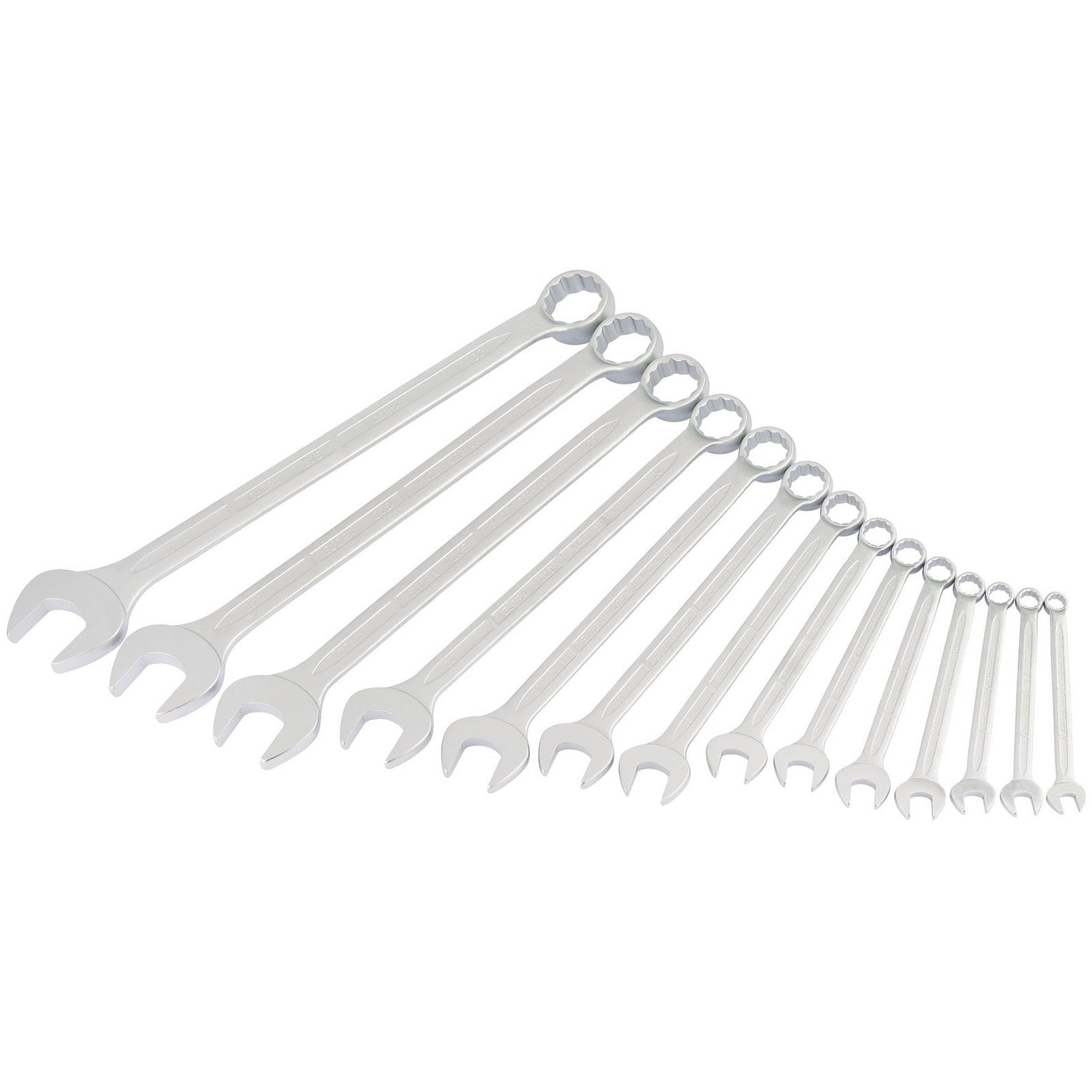 The Draper Long Metric Combination Spanner Set (14 Piece) - 205/14, from the reputable brand Draper, comprises fourteen high-quality combination wrenches crafted from durable chrome vanadium steel, featuring bi-hexagon rings and organized in ascending size order.