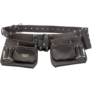 The Draper Oil-Tanned Leather Double Pouch Tool Belt - OTLTP/ND is a black leather tool belt featuring multiple pockets and holders for tools and accessories, reinforced with rivets for durability.