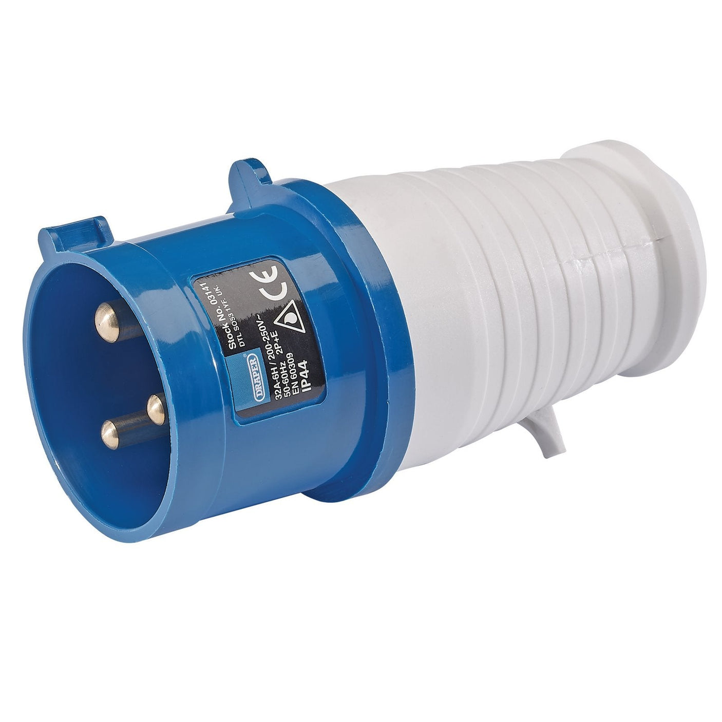 The Draper 230V IP44 Site Plug, 32A - SP230V/32A is a blue and white industrial electrical plug featuring three metal pins and labeled with product specifications, making it ideal for construction sites and outdoor environments. This IP44 site plug ensures durability and reliable performance.