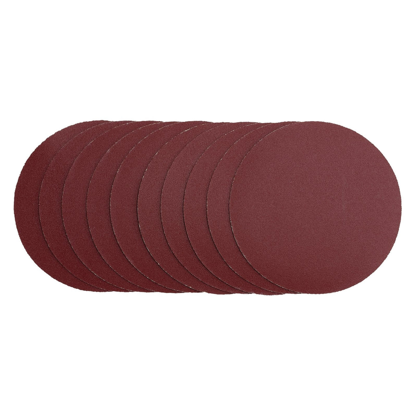 A set of nine Draper Sanding Discs, 125mm, Hook & Loop, 240G (Pack Of 10) - SDHL125 in dark red Aluminium oxide, arranged slightly fanned-out on a white background.