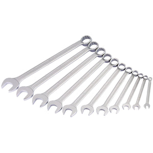 A set of eleven Draper Long Whitworth Combination Spanners, model 205S 11W, crafted from durable chrome vanadium steel, is arranged in a row from largest to smallest on a white background.