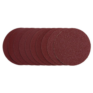 A stack of Draper Sanding Discs, 125mm, Hook & Loop, Assorted Grit - 40G, 80G, 120G, 240G (Pack Of 10) - SDHL125 is arranged in an overlapping pattern on a white background.