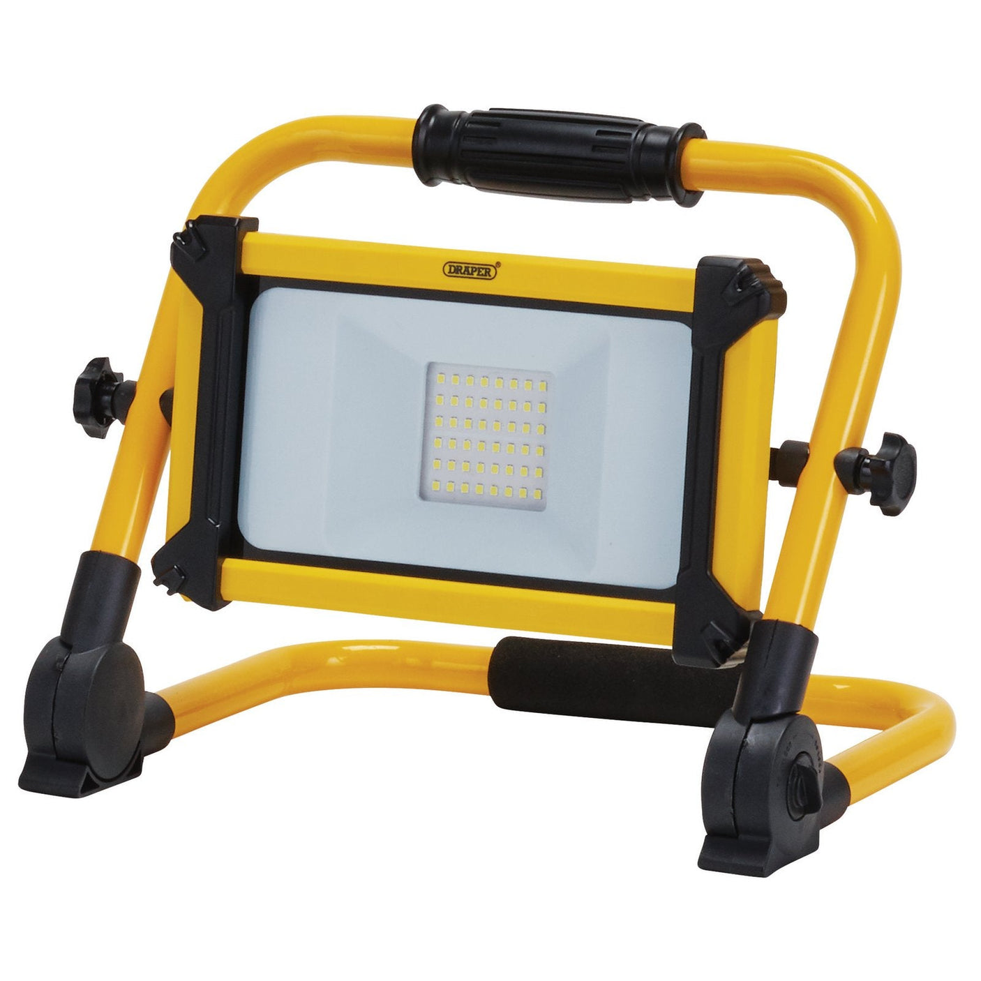 The Draper 230V Rechargeable Folding Site Light, 20W, 2200 Lumens - RC/FSL/20W is a yellow and black light featuring a rectangular LED panel on a folding tripod base, delivering cool white to daylight illumination.