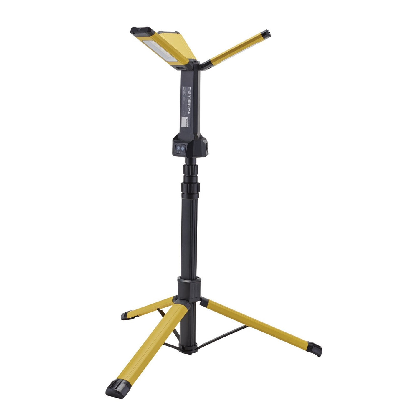 The Draper 230V Rechargeable Tripod Site Light (model RC/TSL/20W) provides 20W of power and 2000 lumens of illumination. This yellow and black adjustable tripod stand features a rechargeable LED site light, designed for portable lighting needs. The two LED lights on top can be rotated to offer multi-angle illumination for maximum versatility and efficiency.