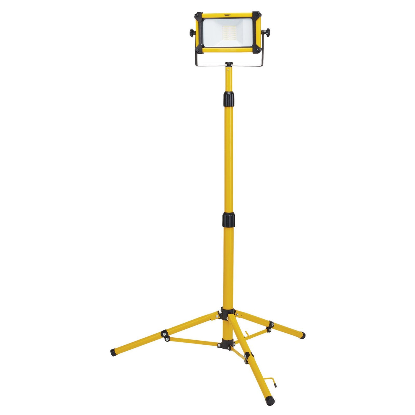 Introducing the Draper 110V SMD LED Tripod Site Light, 10W, 1100 Lumens - a yellow and black adjustable tripod work light with an LED lamp head, perfect for industrial use.