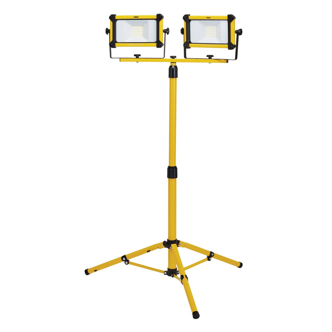 The Draper 110V SMD LED Tripod Site Light, featuring dual 10W, 2200-lumen rectangular light fixtures on adjustable yellow legs, is ideal for industrial use.