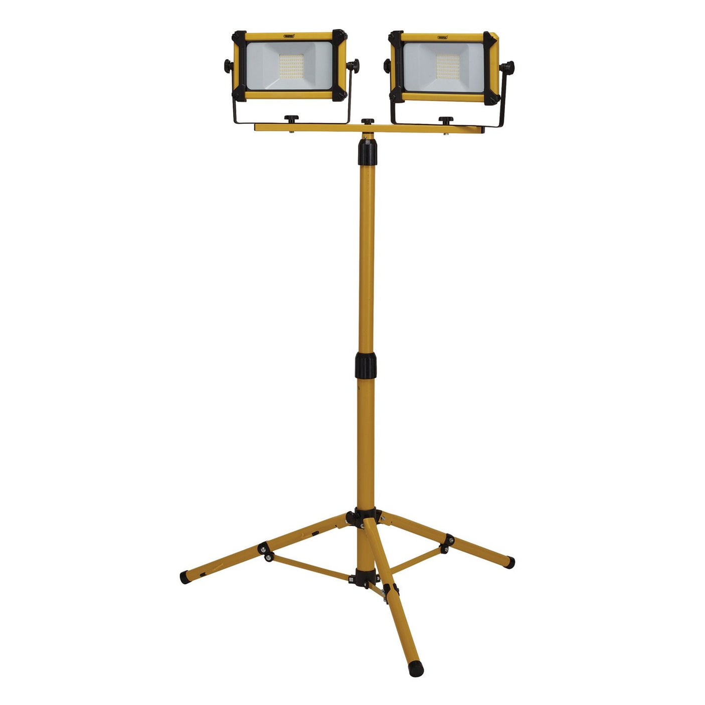 The Draper 230V SMD LED Tripod Site Light, 2 x 10W, producing 2200 lumens, is mounted on a telescopic tripod and features twin SMD LEDs along with a durable aluminium die-cast housing suited for industrial use.