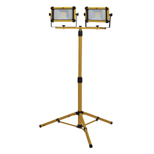 The Draper 230V Smd Led Tripod Site Light, featuring a double-headed design with two 20W LEDs delivering 4400 lumens, boasts a yellow finish, IP65 and IK06 ratings, and comes mounted on a height-adjustable tripod stand with an adjustable aluminium die-cast housing.