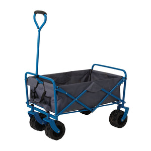 The Draper Foldable Cart With Large Wheels, 80Kg - FCLW is a blue cart with a sturdy steel construction, equipped with four large wheels, a black handle, and a grey fabric body.