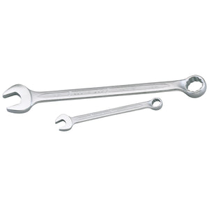 Two Draper Elora Long Imperial Combination Spanners, one larger with a 2.3/8" size (205A-2.3/8) and one smaller, both featuring open-end and bi-hexagon ring designs and crafted from chrome vanadium steel, laid on a white background.