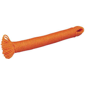 The Draper Polyethylene Ranging Line, 30M X 2.5mm - 663CR, is a coiled, bright orange, weather-resistant cord with frayed ends. It is neatly wrapped and ideal for builders or various house and garden uses.