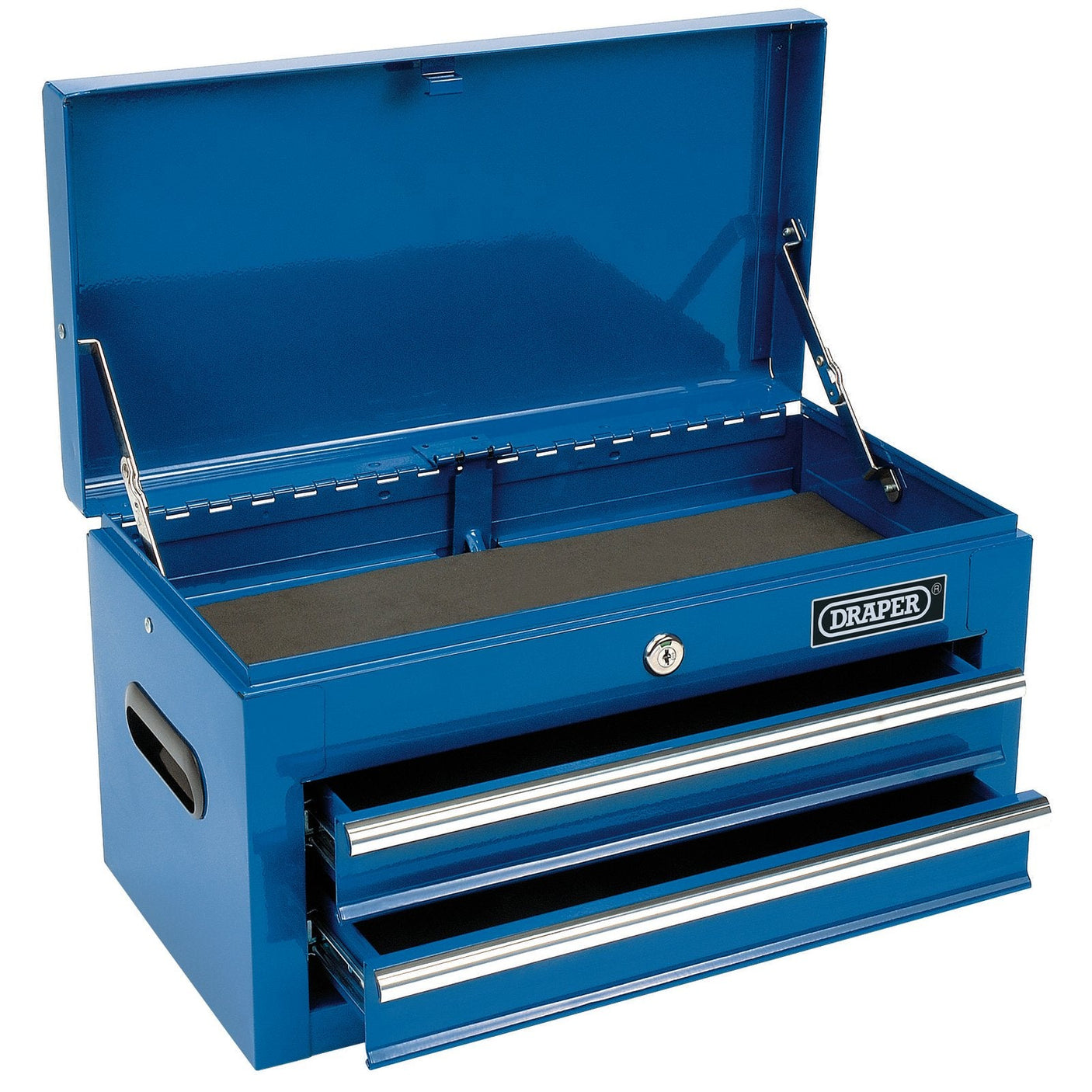 A Draper 2 Drawer Tool Chest/Tool Box - TC2B with a blue powder-coated metal finish and an open lid, revealing an empty storage compartment at the top and two ball bearing drawers below. The word "Draper" is displayed on the front, highlighting its suitability for hand tools storage.