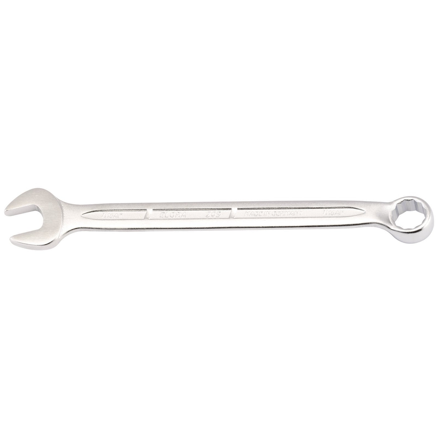 The Draper Elora Long Imperial Combination Spanner, 7/16" - 205A-7/16, featuring an open-end on one side and a Bi-hexagon ring box-end on the other, is crafted from durable chrome vanadium steel and displayed against a white background.