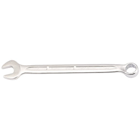 The Draper Elora Long Imperial Combination Spanner, 7/16" - 205A-7/16, featuring an open-end on one side and a Bi-hexagon ring box-end on the other, is crafted from durable chrome vanadium steel and displayed against a white background.