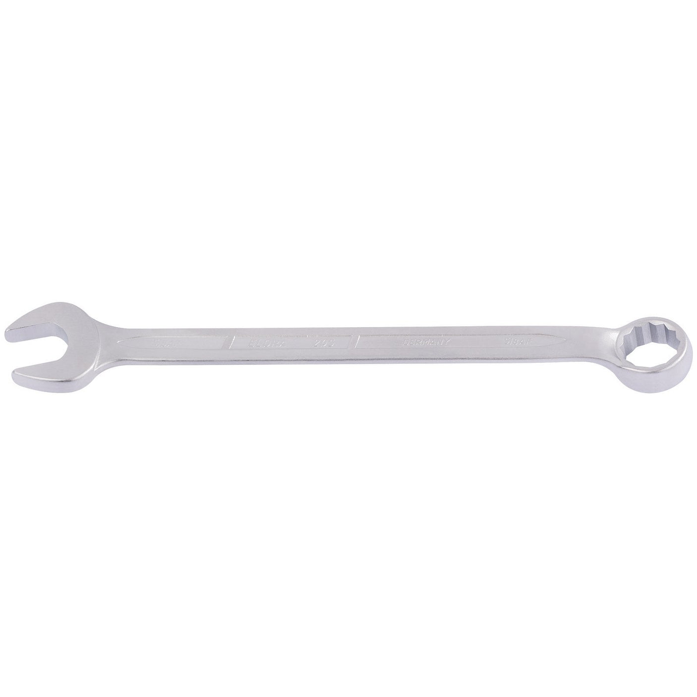 The Draper Elora Long Imperial Combination Spanner, 5/8" - 205A-5/8, is a metal combination wrench crafted from durable chrome vanadium steel. It features one open-end and one box-end with a plain design suitable for mechanical use, offering enhanced corrosion protection.