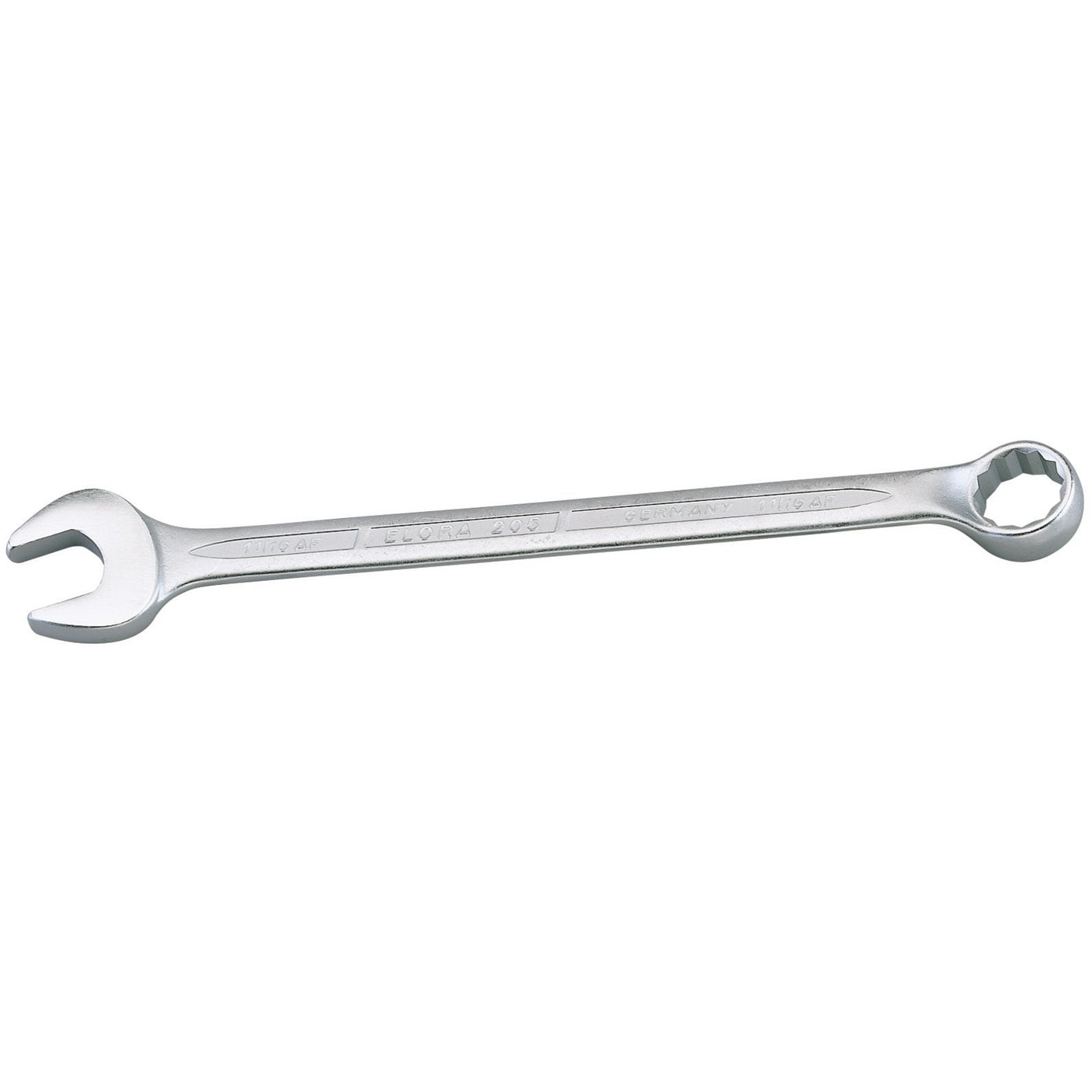 The Draper Elora Long Imperial Combination Spanner, 11/16" - 205A-11/16 from Draper features an open-end on one side and a Bi-hexagon ring spanner on the other, made from durable chrome vanadium steel for enhanced corrosion protection.