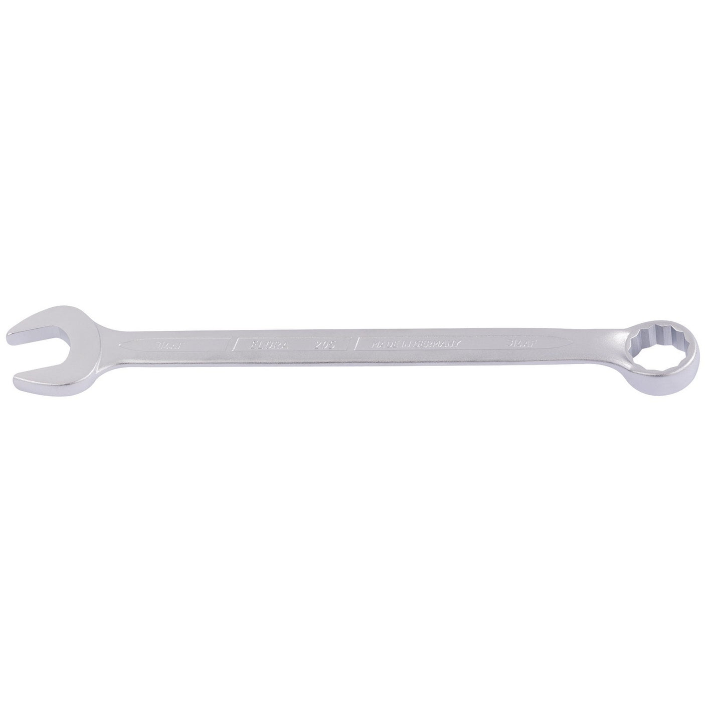 The Draper Elora Long Imperial Combination Spanner, 3/4" - 205A-3/4, is a silver, double-ended wrench made of durable chrome vanadium steel, featuring one open end and one Bi-hexagon ring end, commonly used for tightening or loosening nuts and bolts.