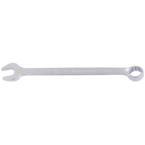 The Draper Elora Long Imperial Combination Spanner, 3/4" - 205A-3/4, is a silver, double-ended wrench made of durable chrome vanadium steel, featuring one open end and one Bi-hexagon ring end, commonly used for tightening or loosening nuts and bolts.
