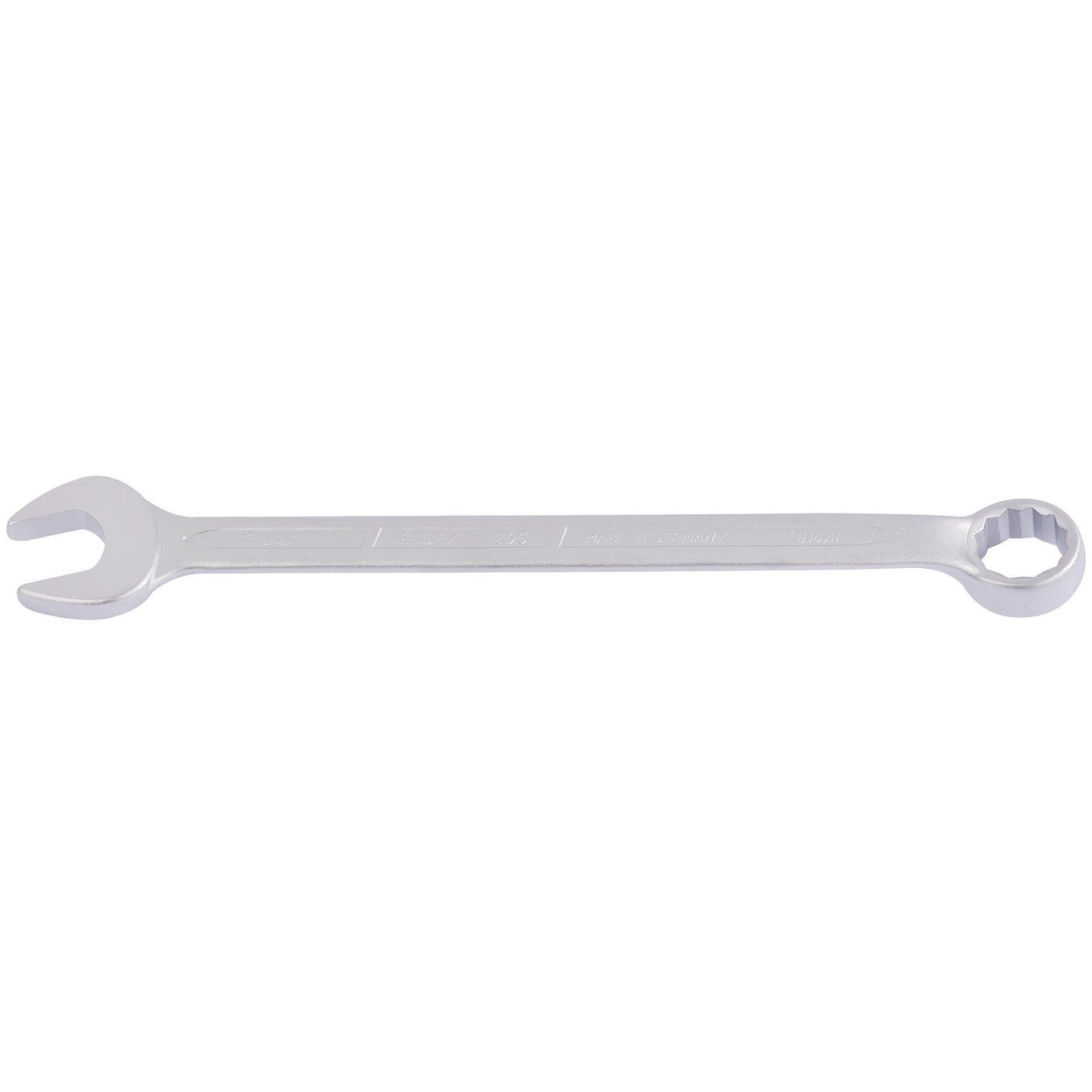 The Draper Elora Long Imperial Combination Spanner, 13/16" - 205A-13/16, crafted from chrome vanadium steel, features an open-end on one side and a box-end on the other. Designed to meet DIN 3113 standards, this silver tool also boasts advanced corrosion protection for enhanced durability.