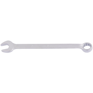 The Draper Elora Long Imperial Combination Spanner, 13/16" - 205A-13/16, crafted from chrome vanadium steel, features an open-end on one side and a box-end on the other. Designed to meet DIN 3113 standards, this silver tool also boasts advanced corrosion protection for enhanced durability.