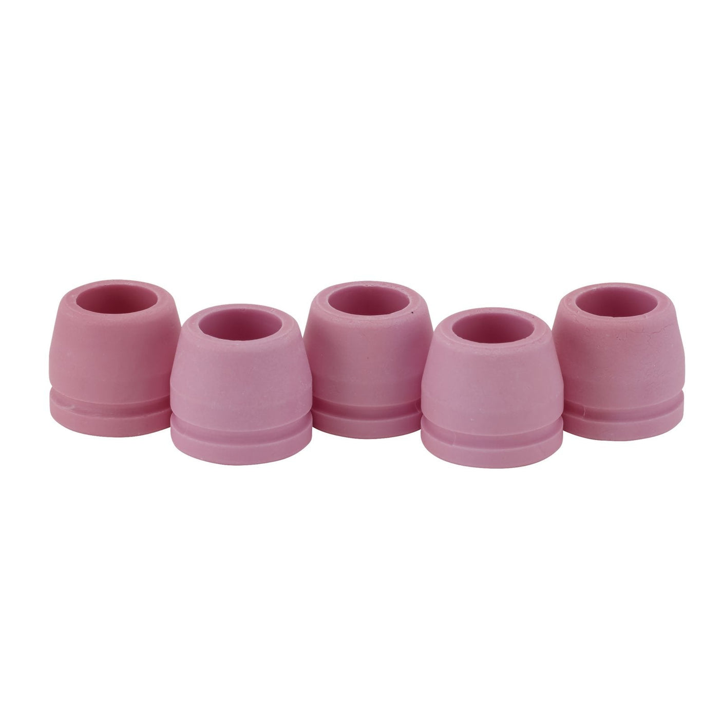 Five Draper Plasma Cutter Ceramic Shrouds (Stock No. 03357), each pink, cylindrical, and made of rubber or silicone with hollow centers; they come in a pack arranged in a row and are perfect for use on a plasma cutting torch.