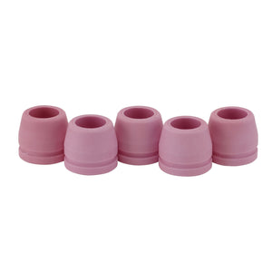 Five Draper Plasma Cutter Ceramic Shrouds (Stock No. 03357), each pink, cylindrical, and made of rubber or silicone with hollow centers; they come in a pack arranged in a row and are perfect for use on a plasma cutting torch.