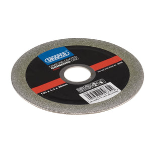 Image of the Draper Diamond-Coated Grinding Disc, 100 X 1.2 X 20mm - ASHP-TCT-DCD featuring a diamond-coated grinding disc with a silver edge and black center. The label showcases various specifications and includes a barcode.