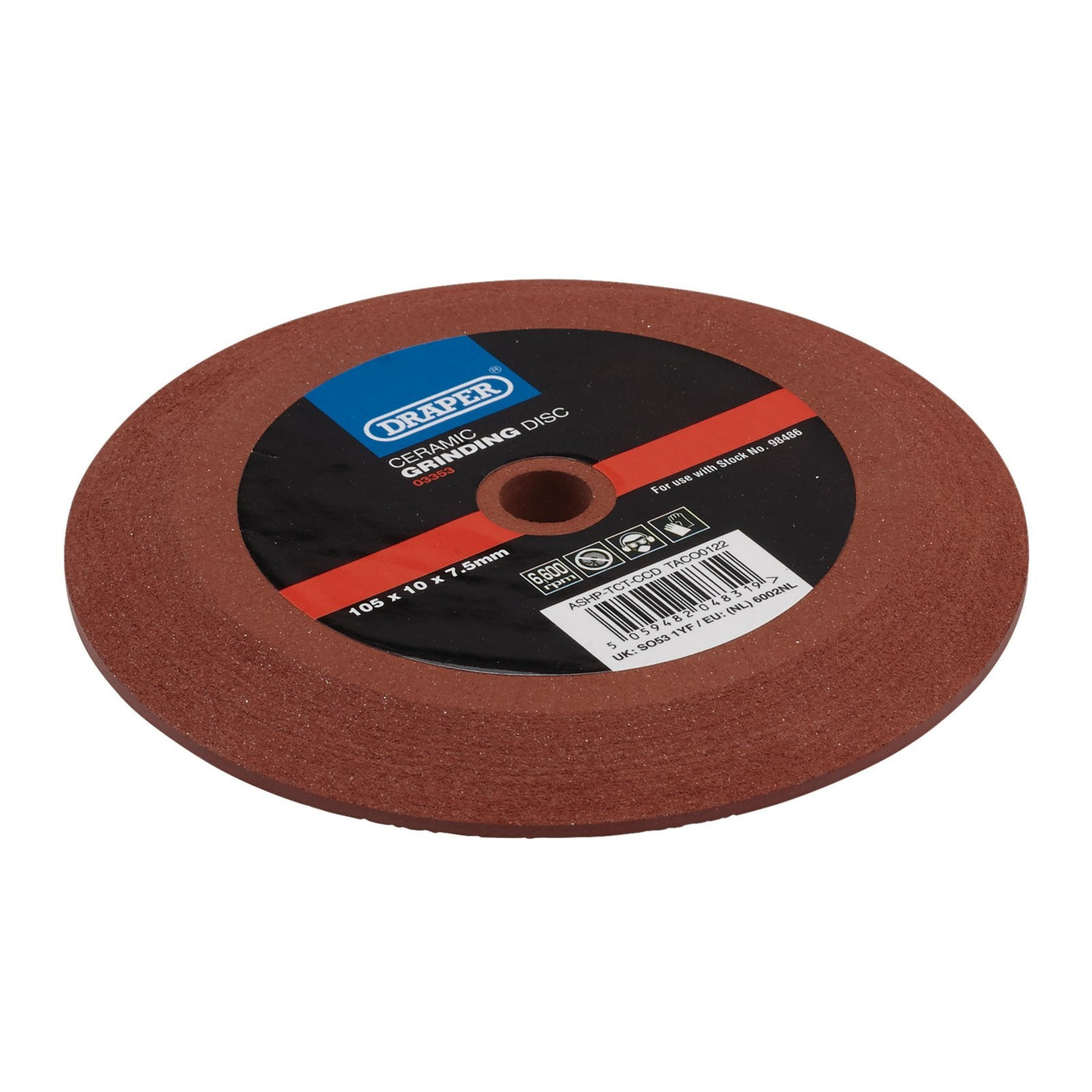 The Draper Ceramic Grinding Disc, 105 X 10 X 7.5mm - ASHP-TCT-CCD, is a round, red ceramic disc designed as an ideal replacement for your Draper Circular Saw Blade Sharpener. It features a black center label displaying brand information, specifications, and a barcode.