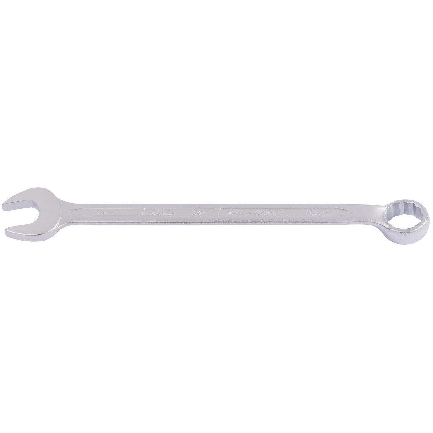 The Draper Elora Long Imperial Combination Spanner, 15/16" - 205A-15/16 by Draper features a silver combination wrench with an open end on one side and a Bi-hexagon ring-shaped end on the other, crafted from durable chrome vanadium steel.