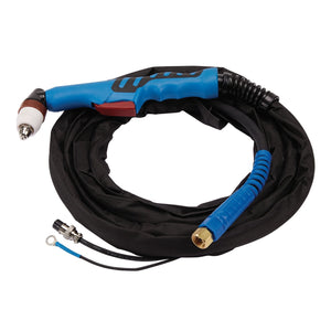 The Draper Plasma Cutting Torch, 80A - A-IPC60-T80 from Draper features a sleek blue and black design, Euro-style connectors, and comes with neatly coiled attached cables and connectors.